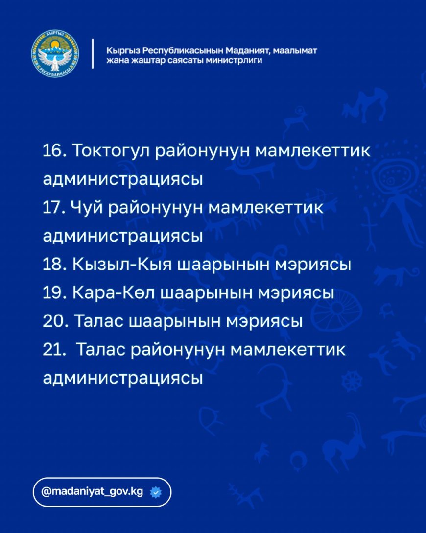 РЕШЕНИЕ О РОТАЦИИ 21 РАЙОННОГО И ГОРОДСКОГО РУКОВОДИТЕЛЯ ОТДЕЛОВ КУЛЬТУРЫ В КЫРГЫЗСТАНЕ ПРЕДСТАВЛЕНО ГЛАВАМ РАЙОНОВ И ГОРОДОВ